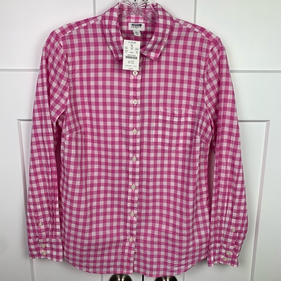 NWT J Crew Factory Button Front Blouse Pink Gingham Petite Medium PM - Picture 2 of 8